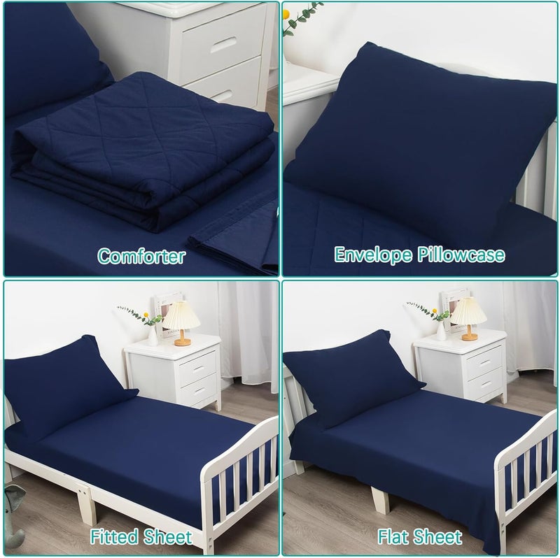 Biloban 4 Piece Toddler Bedding Set,Ultra Soft and Breathable Crib Bedding Set,Includes Quilted Comforter,Fitted Sheet,Flat Top Sheet and Envelope Pillowcase for Boys and Girls,Navy Blue - Image 5